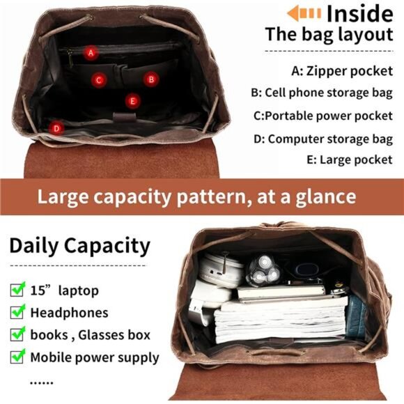 Rugged Leather and Waxed Canvas Backpack for Men, Shoulder Rucksack for Travel - Picture 4 of 7